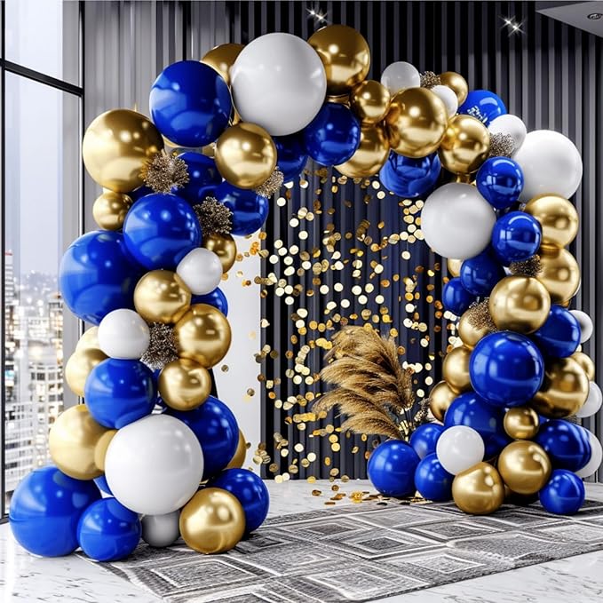 Royal Blue and Gold Balloon Garland Arch Kit, 160Pcs Navy Blue White Chrome Gold Latex Balloons for New Year Wedding Birthday Party Decorations