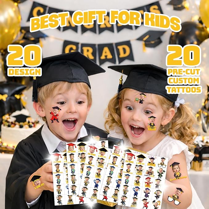 Custom Graduation Temporary Tattoos for Kids - Personalized Pre-Cut Face Photo Tattoos - Fun Birthday Party Favors for Boys Girls, Graduation Day - Set of 20 Unique Celebration Gifts