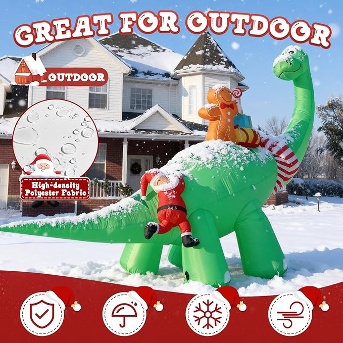 JOYHALO 12FT Giant Christmas Inflatables Dinosaur with Santa Claus, Blow Up Yard Decorations with Bright LED Lights, Christmas Outdoor Inflatables Also for Indoor Lawn Party Decor