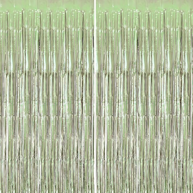 2 Pack Foil Fringe Backdrop - Light Green Shiny Tinsel Curtains for Party Decoration/Photo Booth Props - 3.3x6.6 FT Metallic Foil Backdrop for Birthday, Wedding, Graduation, Christmas.