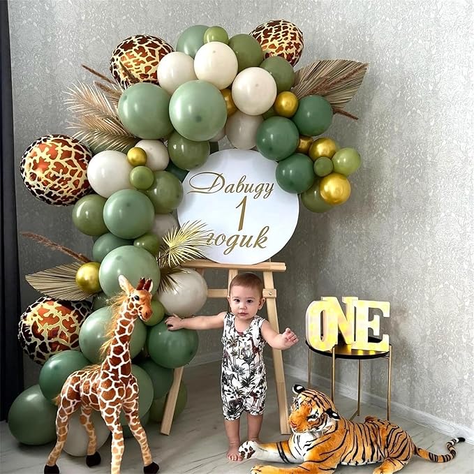 Jungle Safari Balloon Arch Garland Kit, Sage Olive Green Brown Beige with Animal Print Wild One Ballons, Giraffe Balloon for Kids Safari Baby Shower Forest Woodland Theme Birthday Party Decorations