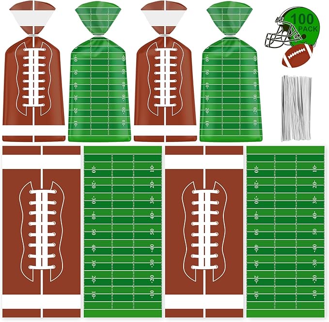 100 Pcs Football Goodie Bags - Brown Green Football Treat Bags, Plastic Rugby Sport Cellophane Snack Gift Candy Goody Bag with Silver Twist Ties for Sports Team Events Birthday Party Favors Supplies