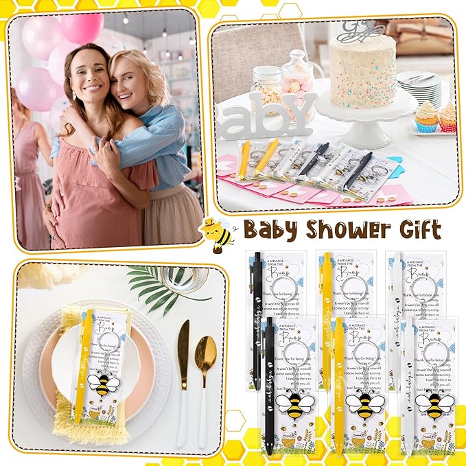 Highergo 100 Pcs Baby Shower Party Favors Bulk 50 Animal Keychains 50 Ballpoint Pens with Thank You Cards Gender Reveal Gift for Guest Baby Shower Souvenir Prize(Bee)