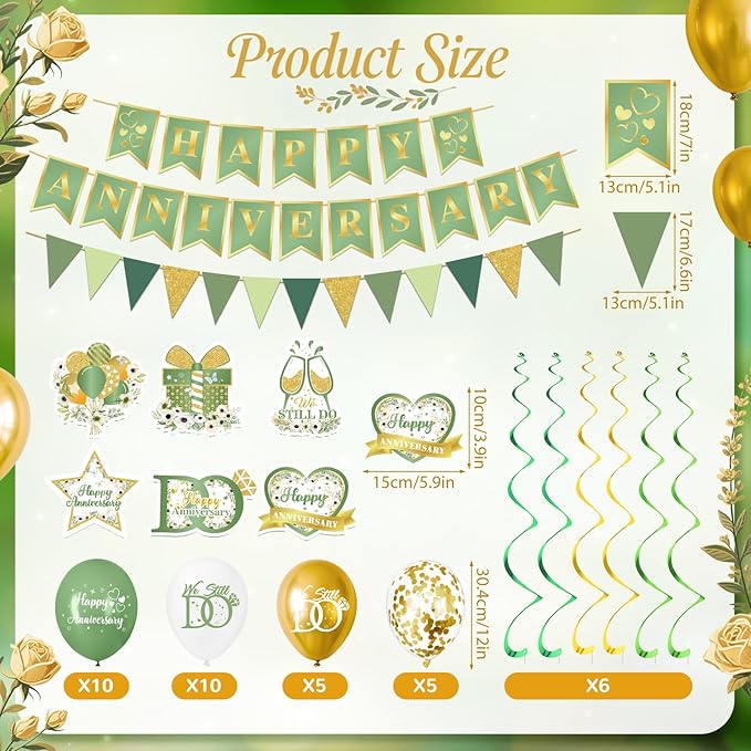 Green Happy Anniversary Decorations, Sage Green Happy Anniversary Banner Balloons First Year Anniversary Hanging Decor Wedding Party Backdrop for Marriage Celebrations Surprise Events Party Supplies