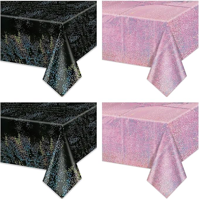 2Pcs Pink & 2Pcs Black Holographic Tablecloths Rectangular Pink and Black Iridescent Tablecloth Shimmer Metallic Table Covers for Hot Pink and Black Birthday Decorations, 54 x 108inch