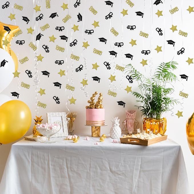 120pcs Congrats Grad Confetti - Class of 2025 Graduation Party Sign - High School College Graduation Party Table Decoration Scatters - Black & Gold Glitter