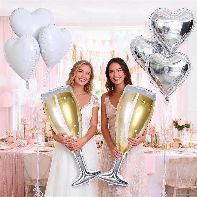 Champagne Balloons, Engagement Party Balloons with Champagne Bottle Glass Foil Mylar Balloon Silver White Heart Shaped Balloon for Wedding Anniversary Bachelorette Birthday Bridal Shower Decorations