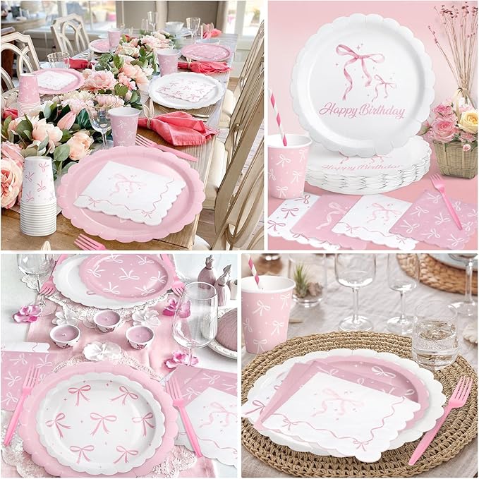 300 Pcs Pink Bow Plates, Cups, Napkins and Tableware Sets for Coquette Birthday Decorations, Party Supplies Include Straws, Pink Birthday Decorations Which Can Serve 50