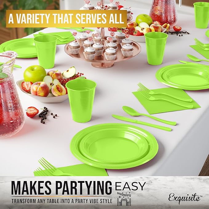 350 Pcs Lime Green Plastic Plates For Party, Lime Green Disposable Plates Set, 50 Of Each 9" Dinner Plate Set, 7" Dessert Plate, Cups, Napkins & Cutlery Plastic Dinnerware Set Exquisite