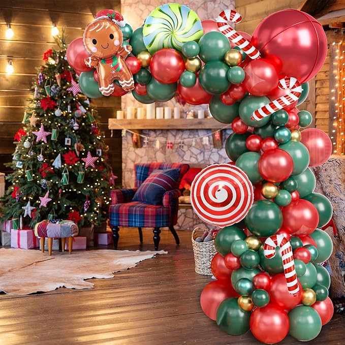Christmas Balloon Garland Kit, 108PCS Retro Dark Green Red Gold Balloons Arch with 4D Balloons, Xmas Candy Cane Gingerbread Windmill Foil Balloons for Christmas New Year Winter Party Decorations