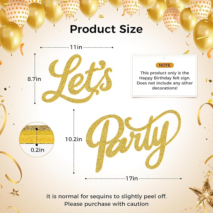 Babenest Let's Party Felt Sign, Gold Reusable Glitter Letter Banner for Backdrop, Balloon Arch Decor, Party Supplies for Graduation, Birthday, Wedding, Bachelorette, Christmas, Home Bar, Man Cave Wall Decorations