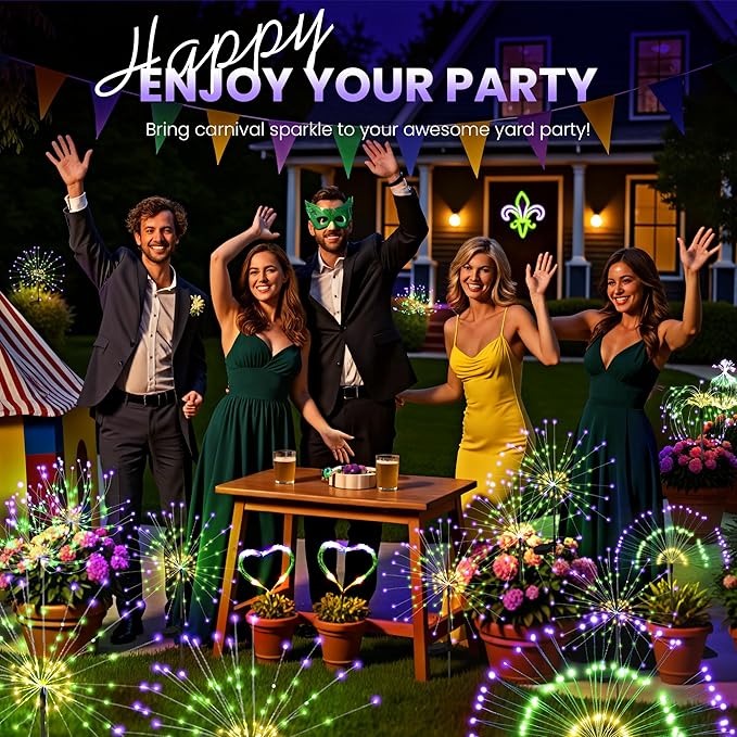 Mardi Gras Solar Lights Outdoor, 4 Pack Solar Garden Lights Outside Fairy Firework Decorative,Solar Powered for Mardi Gras,Yard Pathway Party Balcony Patio Decor (Purple, Green, Yellow)