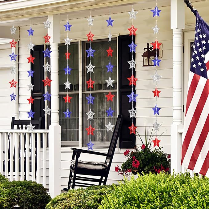 8 Pack Patriotic Star Banner Garland - Glitter Red White Blue Hanging String Garlands for 4th of July, Memorial Day, Independence Day, Veterans Day Party, Holiday Decorations, Labor Day, Party Decor