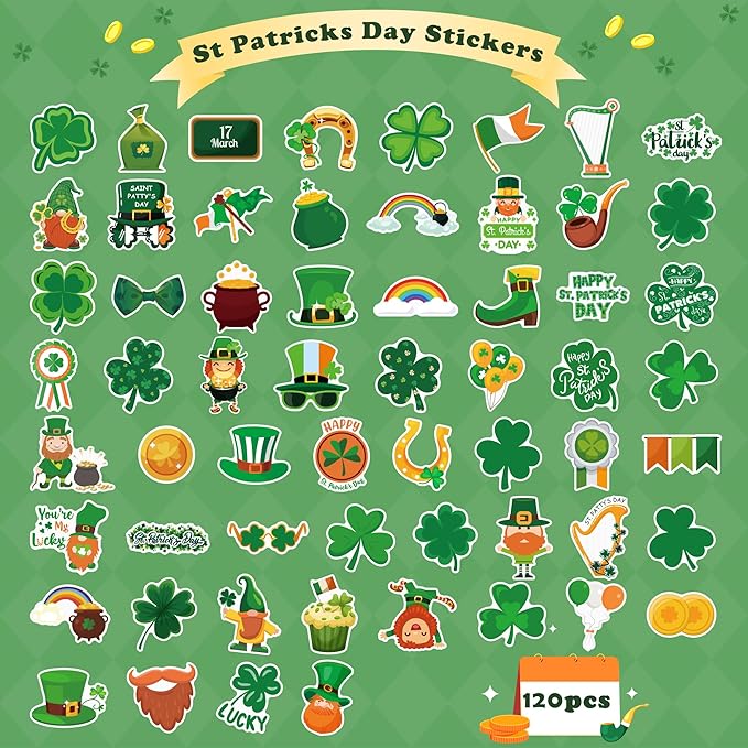 OHOME St Patricks Day Stickers for Kids - 120 PCS St Patricks Day Accessories Shamrock Decorations - St. Patrick’s Day Crafts for Kids - St Paddys Day Gifts Treats Party Favors for Boys Girls