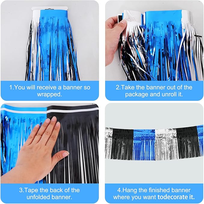 BEISHIDA 3 Packs Metallic Foil Fringe Garland Black Blue Silver Wall Hanging Tinsel Fringe Banners for Car Floats Bridal Shower Wedding Birthday Graduation Holiday Party Decoration(30 Feet)