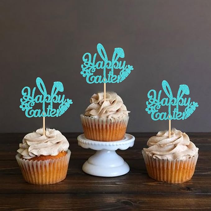 Ercadio 24Pcs Happy Easter Cupcake Toppers Glitter Blue Happy Easter Bunny Ears Cupcake Picks for Easter Day Theme Baby Shower Easter Birthday Party Cupcake Decorations