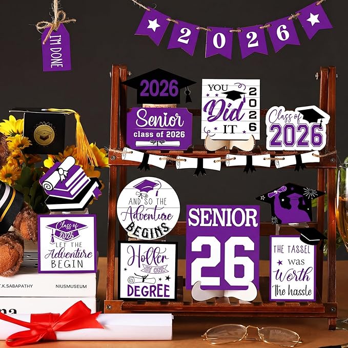 22 Pcs 2026 Graduation Tiered Tray Decor Sets Wooden Graduation Class of 2026 Table Decorations Senior 2026 Gown Diploma Farmhouse Signs for Home Shelf Party Office Desk(Purple)