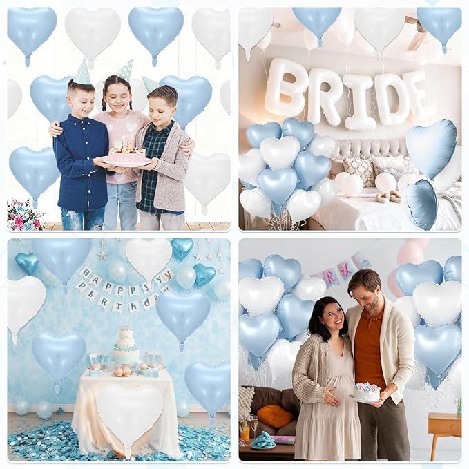 Baby Blue Heart Balloons, 10 Pcs Pastel Light Blue and White Heart Shaped Balloon, 18 Inch Cream Sand White Foil Balloons for Boys Men Brithday Bridal Baby Shower Wedding Valentines Party Decoration
