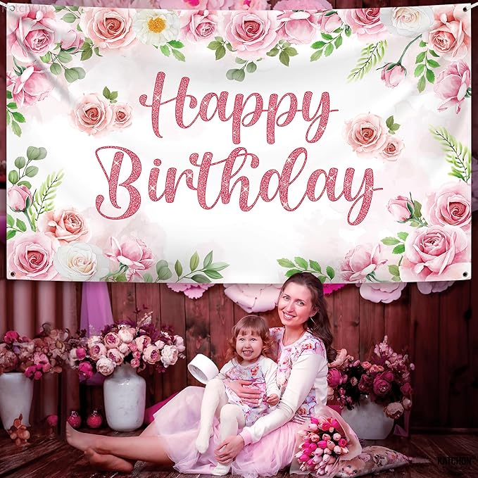 KatchOn, XtraLarge Pink Happy Birthday Banner - 72x44 Inch | Birthday Decorations for Girls, Women | Pink Glitter Backdrop for Floral Party Decorations