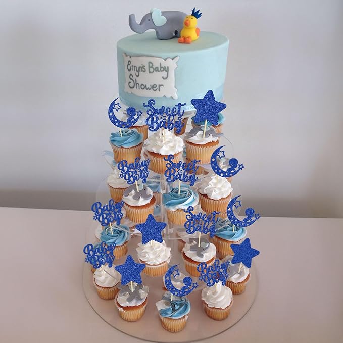 Gyufise 24Pcs Baby Shower Boy Cupcake Toppers Glitter Star Moon Sweet Baby Boy Cupcake Picks Baby Shower Boys Birthday Party Cake Decorations Supplies Deep Blue