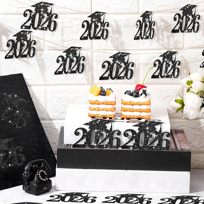 Chinco 24 Pcs 2026 Graduation Decorations Class of 2026 Graduation Centerpieces for Table Glitter Cutouts Grad Cap Tags Double Side Sparkling Glitter Confetti Party Decor for Vase Mason Jar (Black)