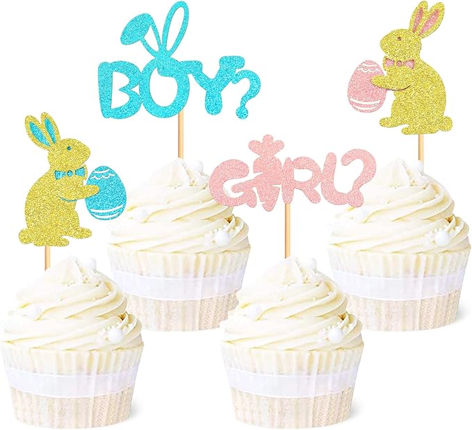 Ercadio 24Pcs Easter Day Rabbit Boy or Girl Cupcake Toppers Glitter Pink Blue Bunny Boy or Girl Cupcake Picks for Easter Gender Reveal Cupcake Toppers Easter Theme Birthday Baby Shower Party Supplies