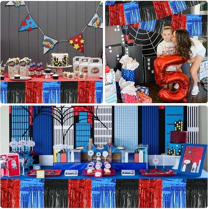 BEISHIDA 3 Packs Metallic Foil Fringe Garland Red Blue Black Wall Hanging Tinsel Fringe Banners for Car Floats Bridal Shower Wedding Birthday Graduation Holiday Party Decoration(30 Feet)