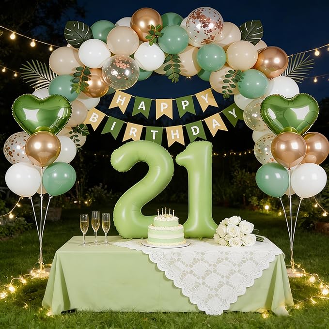 Sage Green 21st Birthday Decorations, Finally 21 Party Supplies for Her Him, Sand White & Cream Balloon Kit with Green Number 21 Balloon and Fringe Curtains