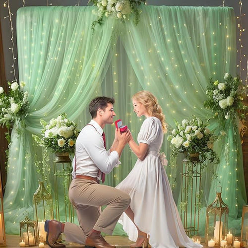 10ft x 10ft Green Backdrop Curtain with Lights String for Parties, Sheer Tulle Wedding Photo Backdrops Drapes for Baby Shower Birthday Party Decorations Background for Photography