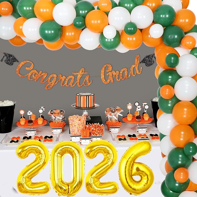 Kreatwow Graduation Decorations 2026 Orange and Green Balloon Garland Arch Kit Congrats Grad Banner Decorations Number 2026 Balloons for Class of 2026 High School College University Grad Party Decor