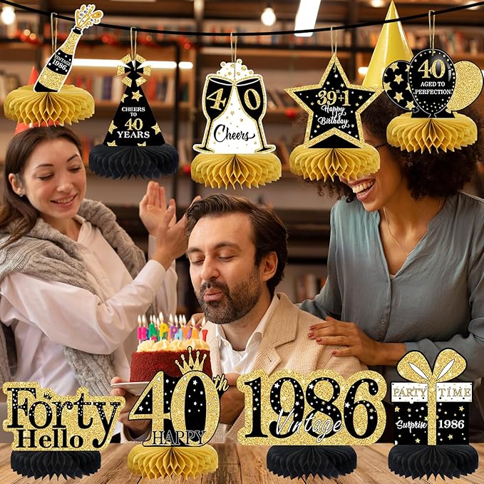 9 Pcs 40th Birthday Decorations Honeycomb Centerpieces for Women Men, Black Gold 1986 Aged to Perfection Vintage Centerpieces for Tables Toppers,Forty Years Party Decorations Supplies