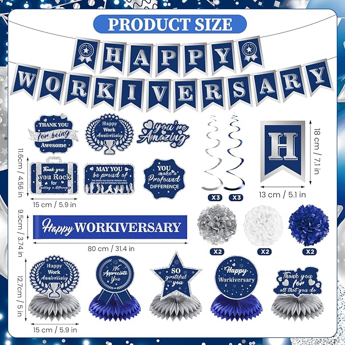 Happy Work Anniversary Decorations Blue Silver Happy Workiversary Banner Honeycomb Centerpieces Hanging Swirls Tissue Paper Pompoms Sash for Office Employee Worker Anniversary Appreciation Supplies