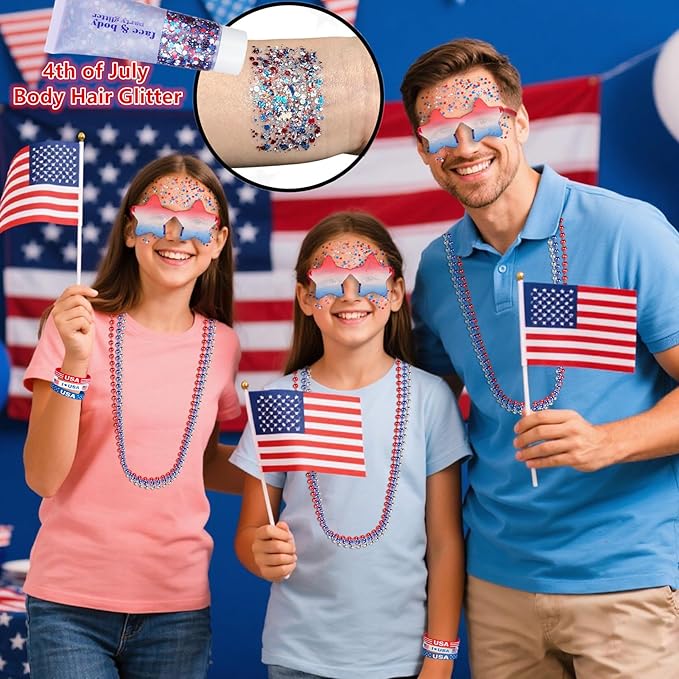 Go Ho 4th of July Outfits for Women,Red White and Blue Face Body Glitter Gel,9 PC Necklaces,3 Pairs Star Sunglasses and 6 PC Rubber Bracelets Wristbands Set for USA Patriotic Outfits Makeup