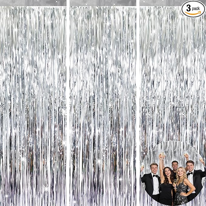 jijAcraft 3 Pack Metallic Silver Tinsel Foil Fringe Curtain, Party Photo Backdrop for New Year’s Eve Weddings Disco Theme Graduation Bachelorette Birthday Baby Shower Party Gender Reveal Decorations