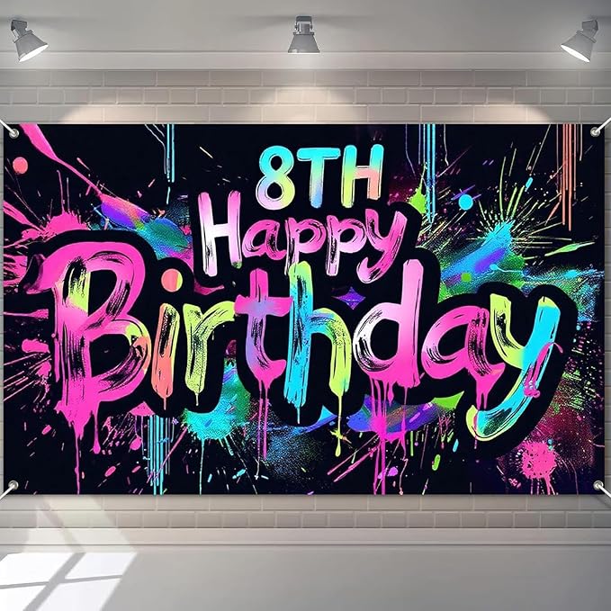 Neon 8th Happy Birthday Banner 71x43 Inch Paint Splatter Glow in The Dark Backdrop Colorful Wall Decor for Kids Boys Girls Eighth Birthday Celebrations Photo Booth Props Event Supplies