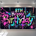 Neon 8th Happy Birthday Banner 71x43 Inch Paint Splatter Glow in The Dark Backdrop Colorful Wall Decor for Kids Boys Girls Eighth Birthday Celebrations Photo Booth Props Event Supplies