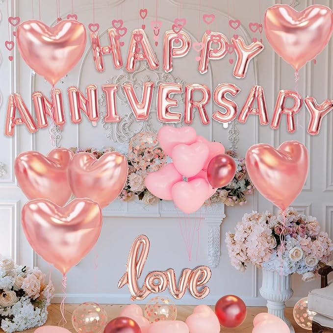 Anniversary Decorations, Happy Anniversary Balloons Banner, Pink Heart Balloons Heart Hanging String Pink Rose Petals for Wedding and Valentines Day Romantic