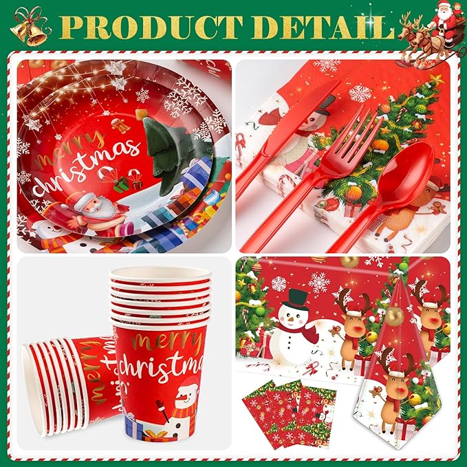 Christmas Party Decorations Xmas Party Supplies Serves for 25-Balloon, Banner, tablecloth, Backdrop, Disposable Paper Plate, Cup, Napkins, Knife, Fork, Spoon