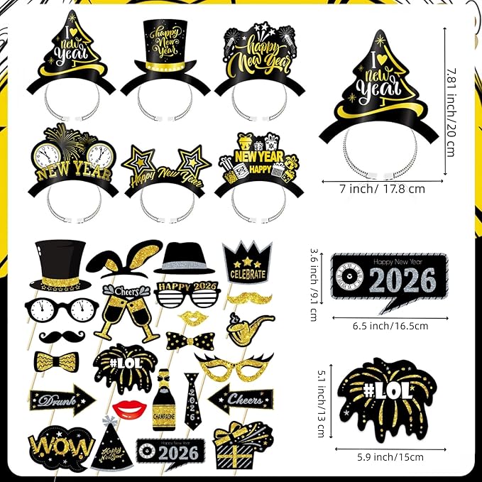 YVAINE 48 Pieces New Years Eve Party Supplies 2026 Black Gold Happy New Year Decorations Kit Includes 6 New Years Party Hats 6 Headband Tiaras 12 Noise Makers and 24 Happy New Year Photo Booth Props