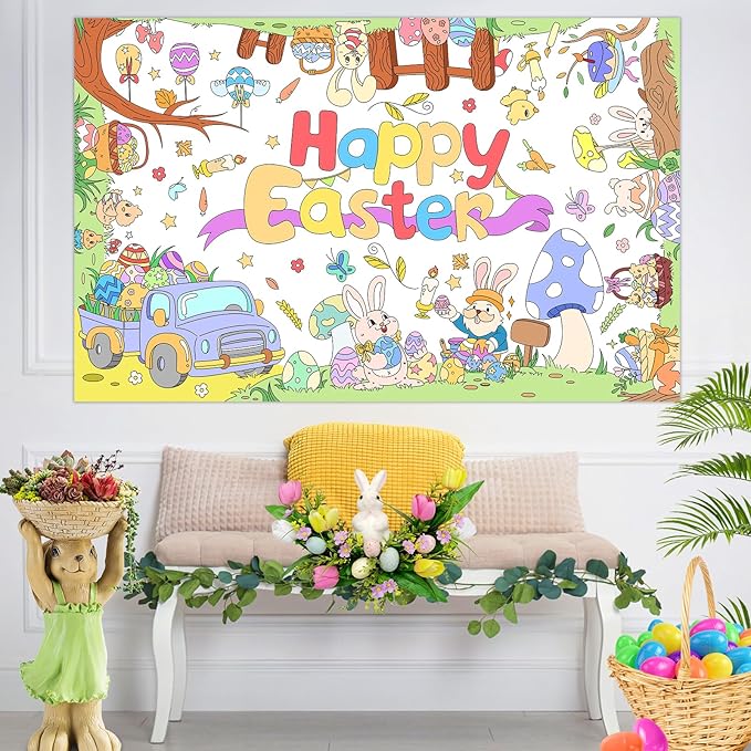 Happy Easter Giant Coloring Poster Large Easter Party Tablecloth for Kids, DIY Truck, Eggs,Rabbits, Chickes, Letters, Coloring Party Activity Poster & Table Cover,53x33 inches Jumbo Banner