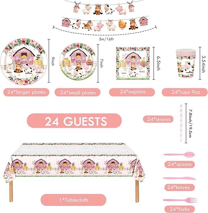 194Pcs Farm Animals Party Supplies Tableware Set for 24 Guests, Cute Watercolor Farm Theme Birthday/Baby Shower Includes Tablecloths, Plates, Cutlery, Banner - Barn Animal Party Decorations