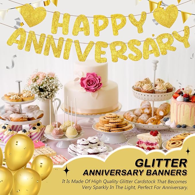 Fulmoon Happy Anniversary Banner Glitter Happy Anniversary Decorations Wedding Party Banner Romantic Decorations No DIY Pre-strung for Wedding Party Birthday Door(Gold)