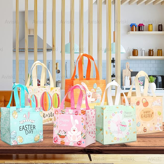 Aviski Easter Gift Wrapping Bags, 12PCS Multifunctional Non-Woven Bag with Handles, Treat Bags for Easter Party Supplies, Egg Hunt Game, 8.3x7.9x5.9inch