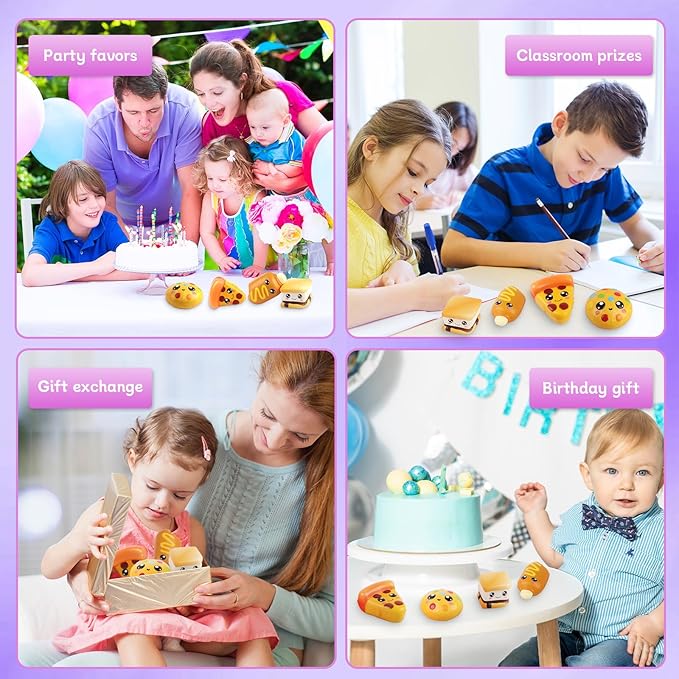 4 Pcs Slow Rising Food Toys for Kids, Kawaii Foam Squishy Toys in Smore Bread Hot Dog Pizza Cake Stress Relief Squeeze Toy for Holiday Carnival Goodie Bag Stuffers