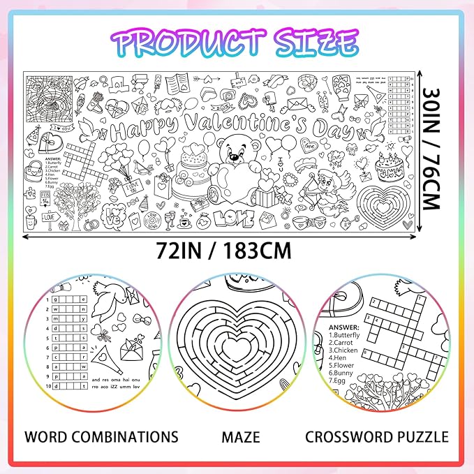 Valentine's Day Giant Coloring Poster,30x72 Inch Drawing Paper oloring Table Cloth,DIY Valentines Day Jumbo Activity Tablecloth Coloring Banner for Kids Art Home School Party Games Suppiles