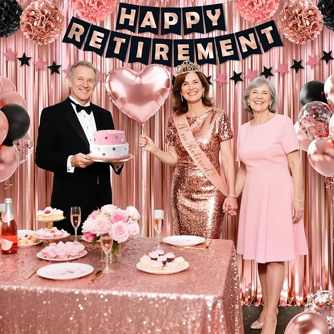 Retirement Party Decorations, 44Pcs Rose Gold Retirement Decorations for Women Include Happy Retirements Banner Retired Sash Crown Fringe Curtain & Foil Balloons for Women Retirements Decorations