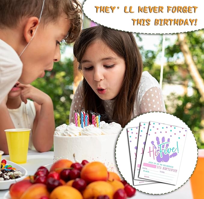 DETIHO 4" x 6" Hi Five Birthday Party Invitation Cards With Envelopes - Five Years Old Party - 5th Birthday Party Invitation - 20 Sets - E08