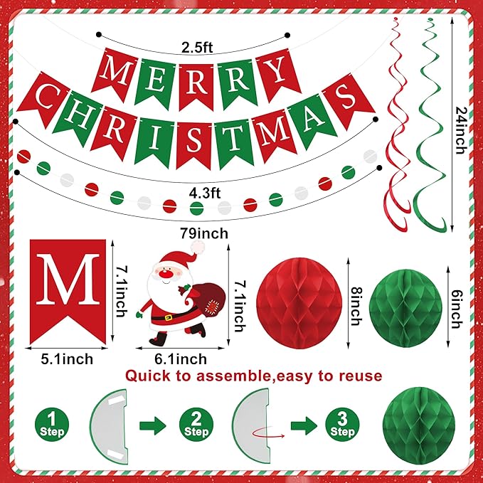 Merry Christmas Party Decorations Pre-strung Red Green Merry Christmas Banner with Honeycomb Balls Santa Claus Snowman Xmas Tree Hanging Swirls Colorful Circle Dots Garland for Holiday Party Decor