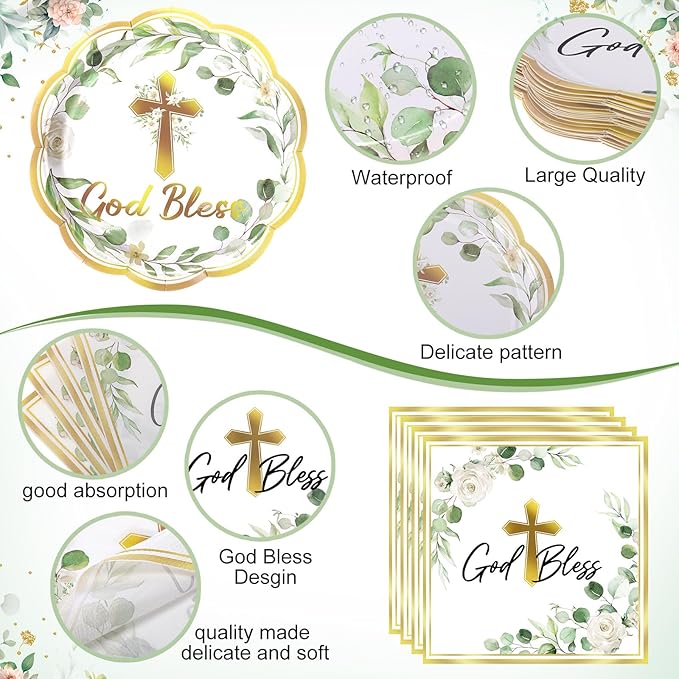 Pickmesh 194 Pcs God Bless Baptism Party Decoration Boy 24, Sage Green Baptism Paper Plate Napkin Cup Tablecloth Cutlery First Holy Communion Disposable Tableware for Christening Baby Shower Supplies