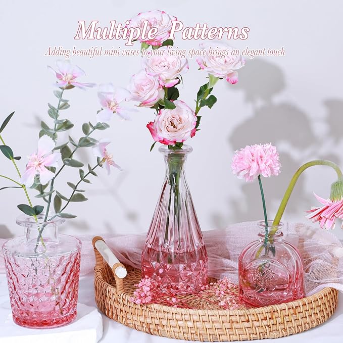 Glass Pink Bud Vases Set of 12, Mini Flower Valentine Vase for Centerpieces, Small Vases in Bulk for Wedding Decorations, Vintage Vase for Table, Home Décor